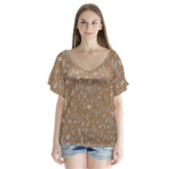 Leaves-013 V-neck Flutter Sleeve Top by nateshop