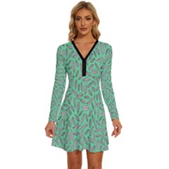 Leaves-015 Long Sleeve Deep V Mini Dress  by nateshop