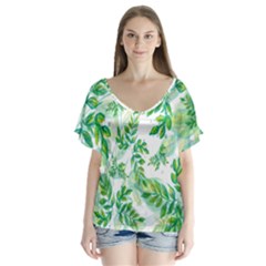 Leaves-37 V-neck Flutter Sleeve Top by nateshop