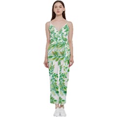 Leaves-37 V-neck Spaghetti Strap Tie Front Jumpsuit by nateshop