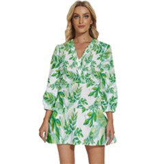 Leaves-37 V-neck Placket Mini Dress by nateshop