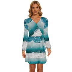 Waves Long Sleeve Waist Tie Ruffle Velvet Dress