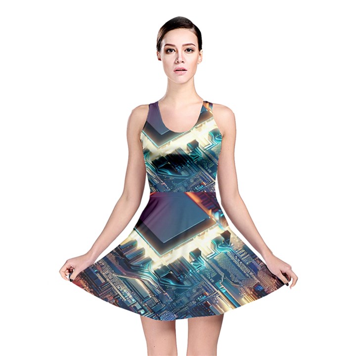 Ai Generated Motherboard City Technology Tech Cpu Reversible Skater Dress