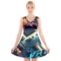 Ai Generated Motherboard City Technology Tech Cpu V-neck Sleeveless Dress