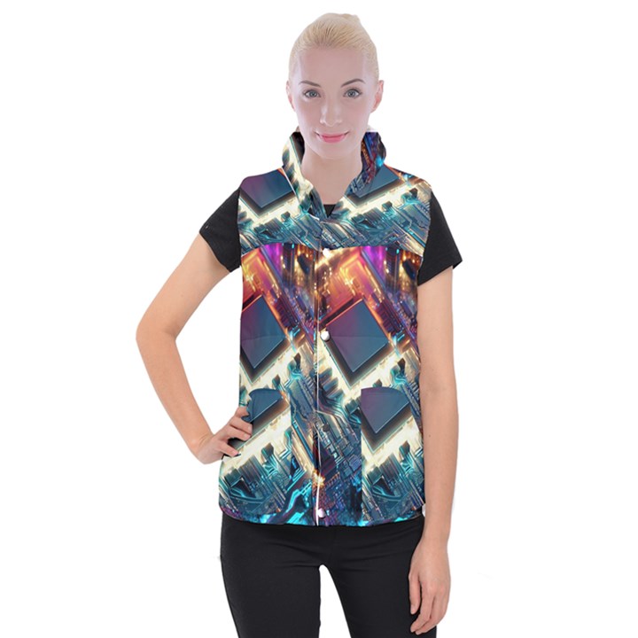 Ai Generated Motherboard City Technology Tech Cpu Women s Button Up Vest