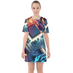 Ai Generated Motherboard City Technology Tech Cpu Sixties Short Sleeve Mini Dress