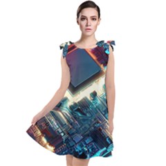 Ai Generated Motherboard City Technology Tech Cpu Tie Up Tunic Dress