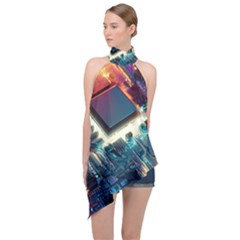 Ai Generated Motherboard City Technology Tech Cpu Halter Asymmetric Satin Top