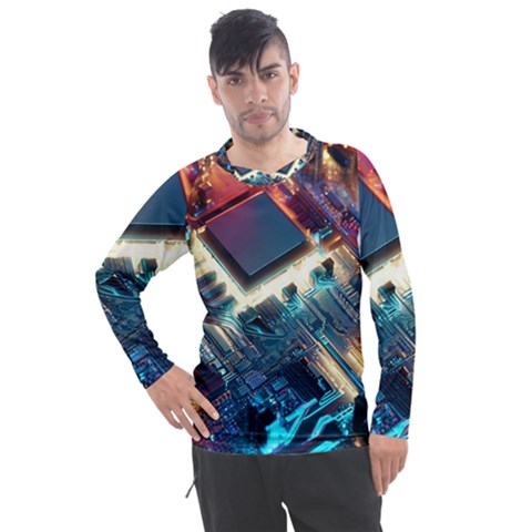 Ai Generated Motherboard City Technology Tech Cpu Men s Pique Long Sleeve Tee by Jancukart