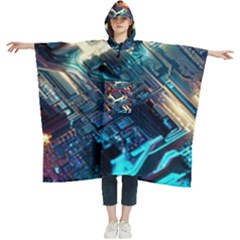 Ai Generated Motherboard City Technology Tech Cpu Women s Hooded Rain Ponchos