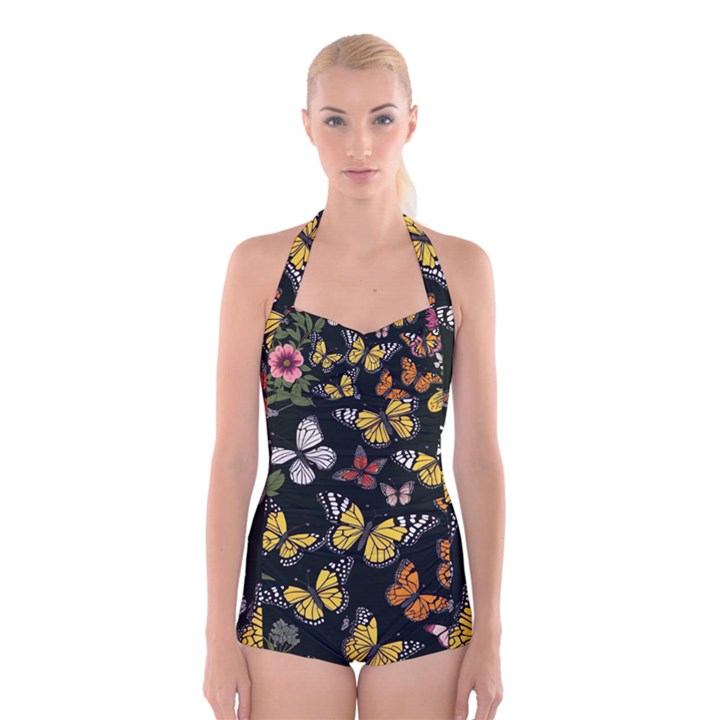 Flowers Butterfly Blooms Flowering Spring Boyleg Halter Swimsuit 