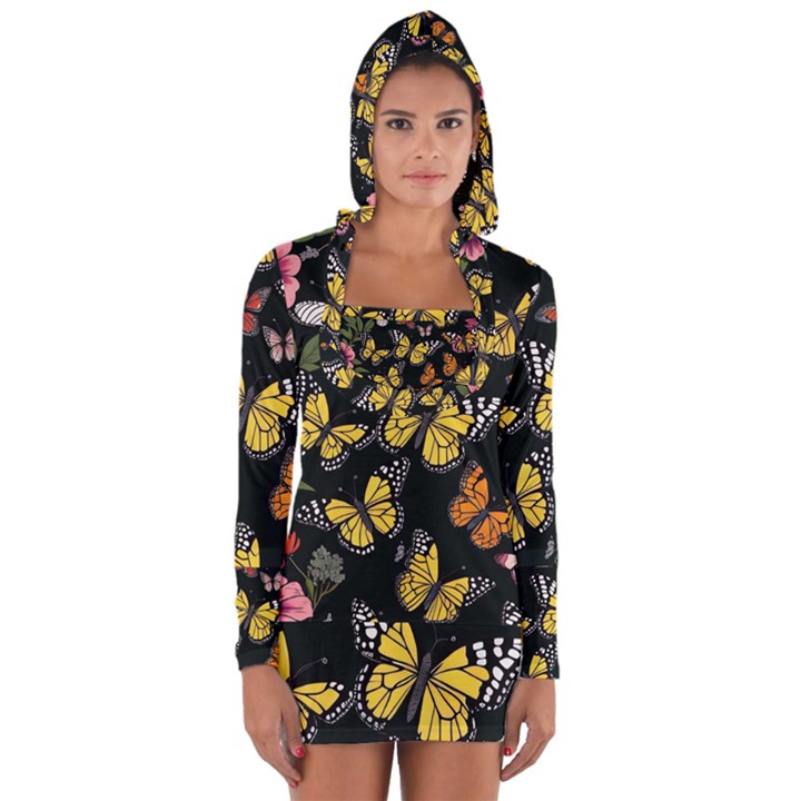 Flowers Butterfly Blooms Flowering Spring Long Sleeve Hooded T-shirt