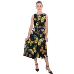 Flowers Butterfly Blooms Flowering Spring Midi Tie-back Chiffon Dress