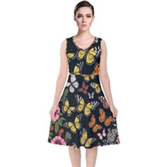 Flowers Butterfly Blooms Flowering Spring V-neck Midi Sleeveless Dress 