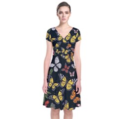 Flowers Butterfly Blooms Flowering Spring Short Sleeve Front Wrap Dress