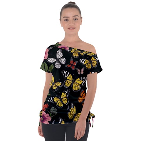 Flowers Butterfly Blooms Flowering Spring Off Shoulder Tie-up Tee by Jancukart