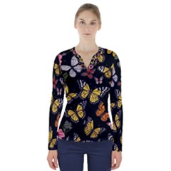 Flowers Butterfly Blooms Flowering Spring V-neck Long Sleeve Top