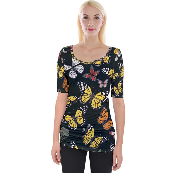 Flowers Butterfly Blooms Flowering Spring Wide Neckline Tee