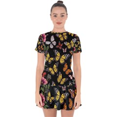 Flowers Butterfly Blooms Flowering Spring Drop Hem Mini Chiffon Dress