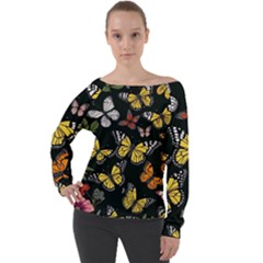 Flowers Butterfly Blooms Flowering Spring Off Shoulder Long Sleeve Velour Top