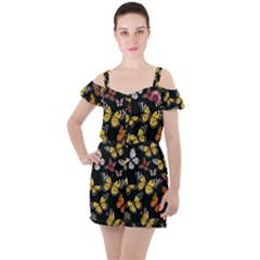 Flowers Butterfly Blooms Flowering Spring Ruffle Cut Out Chiffon Playsuit