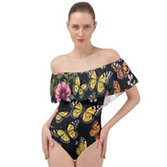 Flowers Butterfly Blooms Flowering Spring Off Shoulder Velour Bodysuit 