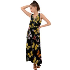 Flowers Butterfly Blooms Flowering Spring V-neck Chiffon Maxi Dress by Jancukart