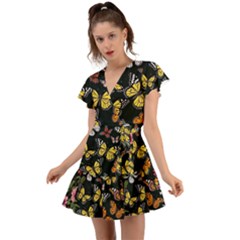 Flowers Butterfly Blooms Flowering Spring Flutter Sleeve Wrap Dress