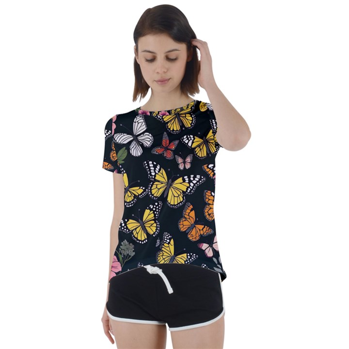 Flowers Butterfly Blooms Flowering Spring Short Sleeve Open Back Tee