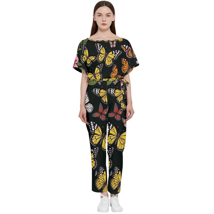 Flowers Butterfly Blooms Flowering Spring Batwing Lightweight Chiffon Jumpsuit