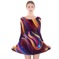 Ai Generated Waves Splash Liquid Paint Wall Long Sleeve Velvet Skater Dress