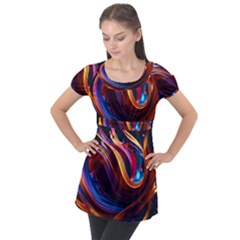 Ai Generated Waves Splash Liquid Paint Wall Puff Sleeve Tunic Top