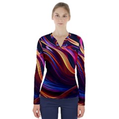 Ai Generated Waves Splash Liquid Paint Wall V-neck Long Sleeve Top