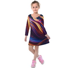 Ai Generated Waves Splash Liquid Paint Wall Kids  Long Sleeve Velvet Dress by Jancukart