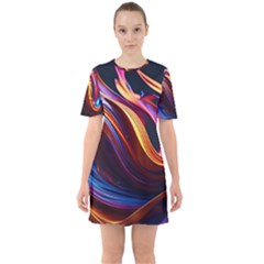 Ai Generated Waves Splash Liquid Paint Wall Sixties Short Sleeve Mini Dress by Jancukart