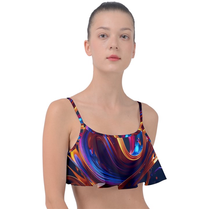 Ai Generated Waves Splash Liquid Paint Wall Frill Bikini Top