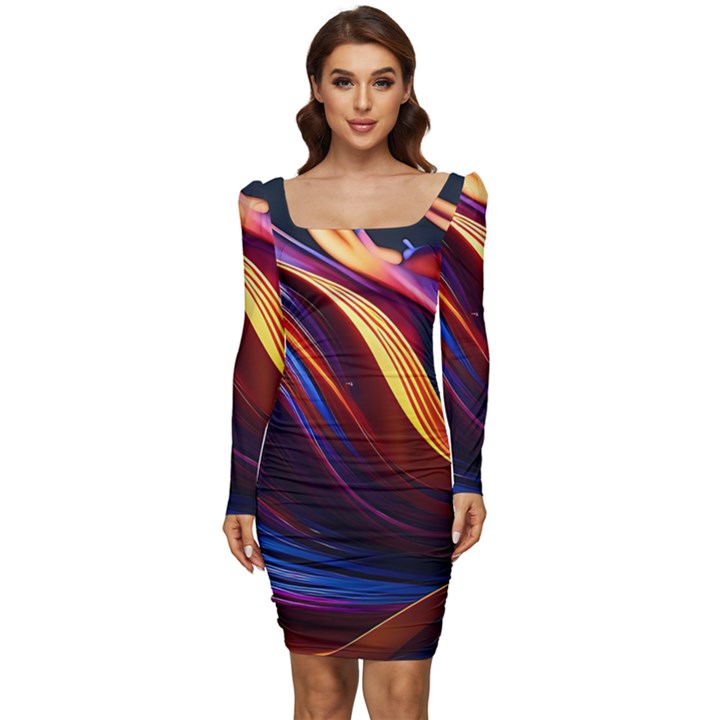 Ai Generated Waves Splash Liquid Paint Wall Women Long Sleeve Ruched Stretch Jersey Dress