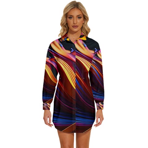 Ai Generated Waves Splash Liquid Paint Wall Womens Long Sleeve Shirt Dress by Jancukart