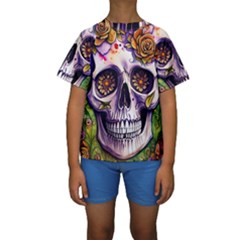 Gothic Sugar Skull Kids  Short Sleeve Swimwear by GardenOfOphir