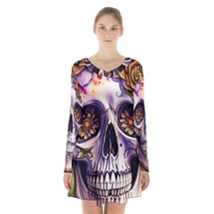 Gothic Sugar Skull Long Sleeve Velvet V-neck Dress