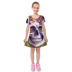 Gothic Sugar Skull Kids  Short Sleeve Velvet Dress by GardenOfOphir