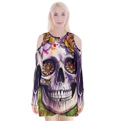 Gothic Sugar Skull Velvet Long Sleeve Shoulder Cutout Dress