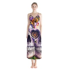 Gothic Sugar Skull Button Up Chiffon Maxi Dress by GardenOfOphir