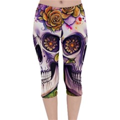 Gothic Sugar Skull Velvet Capri Leggings  by GardenOfOphir