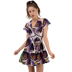 Gothic Sugar Skull Flutter Sleeve Wrap Dress by GardenOfOphir