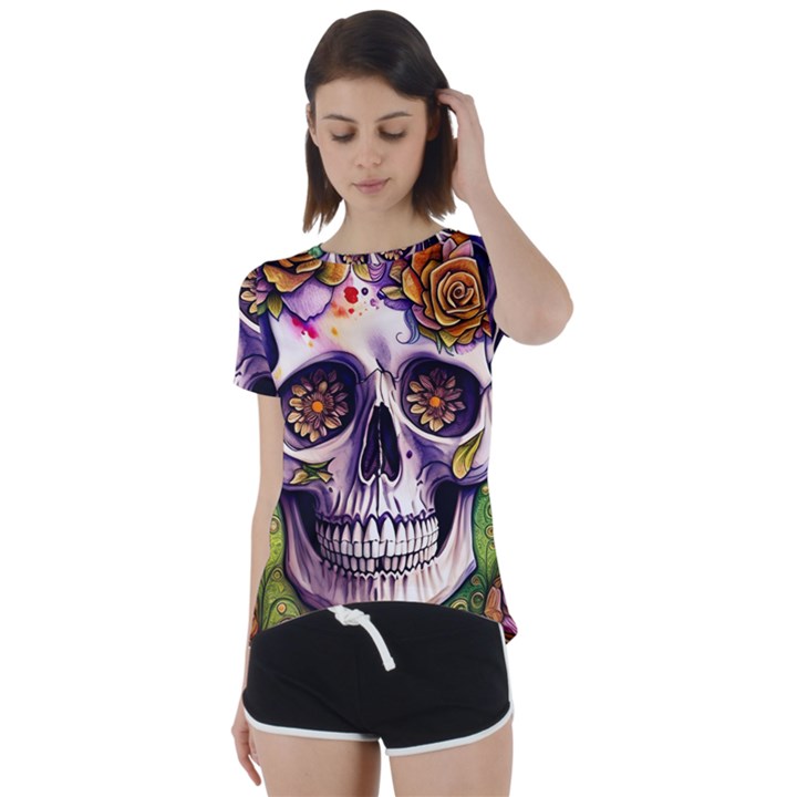 Gothic Sugar Skull Short Sleeve Open Back Tee