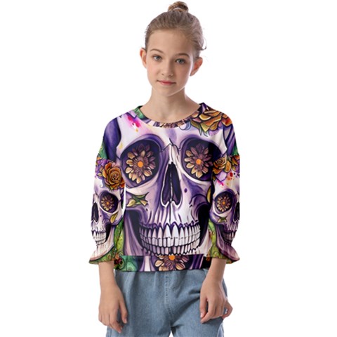 Gothic Sugar Skull Kids  Cuff Sleeve Top by GardenOfOphir