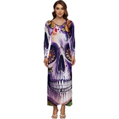 Gothic Sugar Skull Long Sleeve Longline Maxi Dress by GardenOfOphir