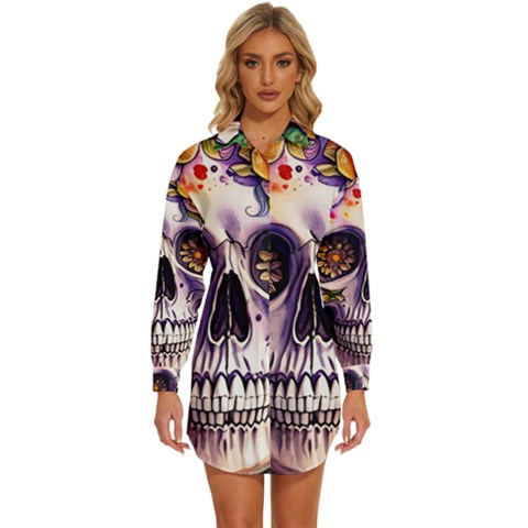 Gothic Sugar Skull Womens Long Sleeve Shirt Dress by GardenOfOphir