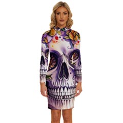 Gothic Sugar Skull Long Sleeve Shirt Collar Bodycon Dress by GardenOfOphir